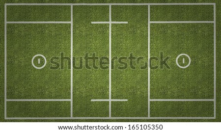 An overhead view of a mens lacrosse playing field with white markings painted on grass.
