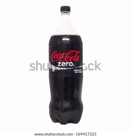 HELSINGBORG, SWEDEN - DECEMBER 29, 2013: 2l Coca-Cola Zero Bottle Isolated On White Background. Coca-Cola is a carbonated soft drink sold in shops, restaurants, and vending machines around the globe.