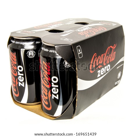 HELSINGBORG, SWEDEN - January 4th: 6 pack of Coca-Cola Zero cans Isolated On White Background. Coca-Cola is a carbonated soft drink sold in shops, restaurants, and vending machines around the globe.