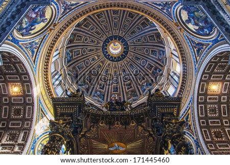 Rome - January 8: Interior Of The Saint Peter Cathedral In The Vatican On January 8, 2012 In Rome, Italy. St. Peter\'S Basilica Until Recently Was Considered The Largest Christian Church In The World.