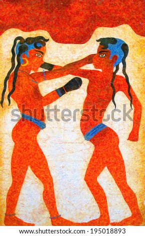A digital painting of an ancient fresco of two boys boxing taken from the ruins of akrotiri on the greek island of santorini