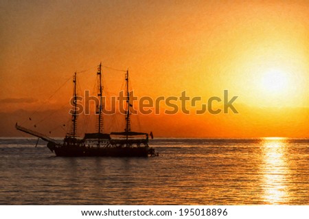 A digital painting of a tallship sitting peacefully on the ocean as the sun gets ready to set over the horizon.