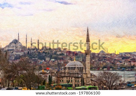 A digital painting of the Istanbul skyline in Turkey.