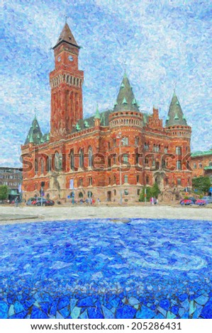 Digital painting of the Fountain and town hall in Helsingborg. A city in south western Sweden, Helsingborg is located opposite Denmark\'s port town of Helsingor.