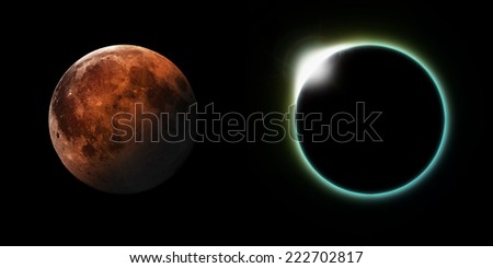 A total solar and Lunar eclipse side by side. Elements of this image furnished by NASA