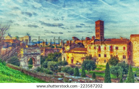 A digital painting of the Roman Forum Unesco site in Rome, Italy.
