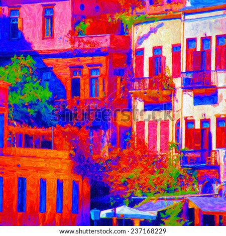 An abstract digital painting of the buildings in the Greek town of Chania.
