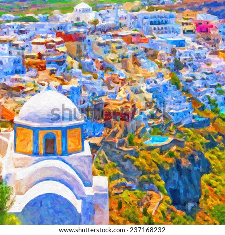 A digital painting of the santorini capital town of fira with landmark church in the foreground.