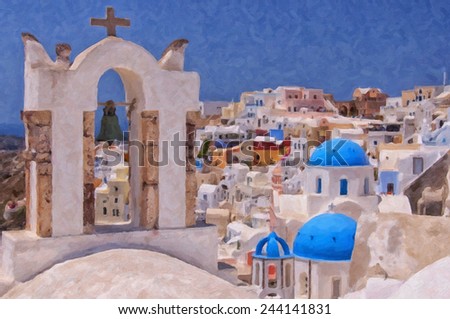 A digital painting of a couple of the famous blue domed churches from Oia on the greek isle of Santorini.