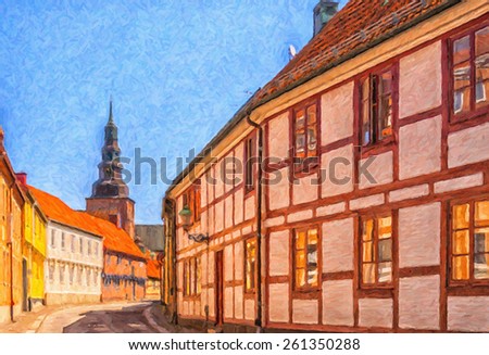 Digital painting of a street scene from the Swedish town of Ystad.