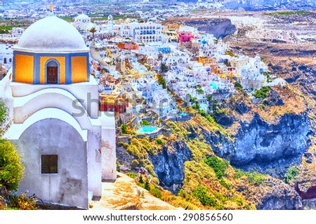 A digital Painting of the santorini capital town of fira with landmark church in the foreground.