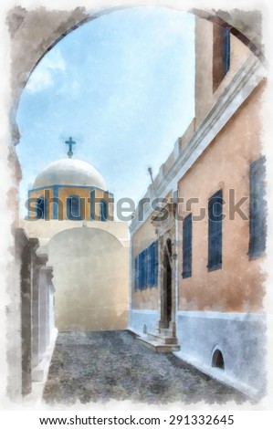 A digital watercolor painting of the catholic cathedral situated in the capital town of fira on the greek island of santorini.