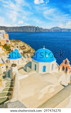A digital painting of a couple of the famous blue domed churches from Oia on the greek isle of Santorini.
