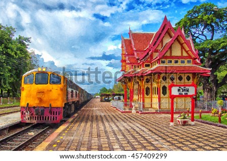 A digital painting of the Hua Hin train station in Thailand.