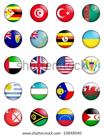 A selection of the flags of the nations of the world done in the style of small retro button badges.