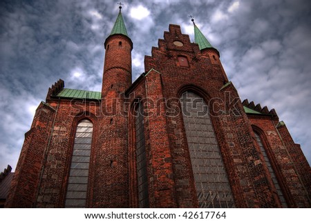 A high dynamic range image of a large church in the centre of Aarhus town in Denmark