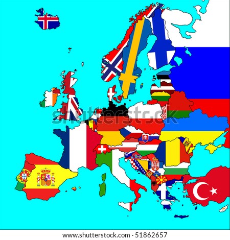 map of europe countries. stock photo : A map of Europe with all countries borders and flags