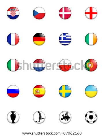 a selection of badge like images showing the flags of all the competing countries of the 2012 european championship football tournament and four other related badges.