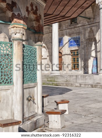 Ablution taps at the sokullu pasa camii mosque in Istanbul where worshippers wash their feet.