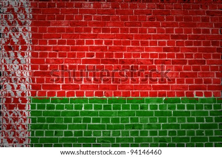 An image of the Belarus flag painted on a brick wall in an urban location