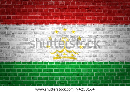 An image of the Tajikistan flag painted on a brick wall in an urban location