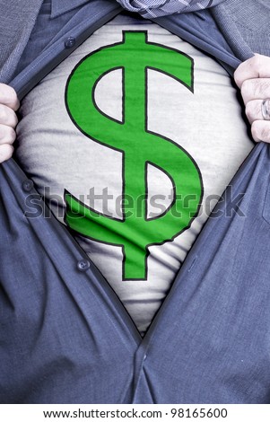 A businessman rips open his shirt and shows how perfect he is for your money needs by showing off a dollar symbol printed on a t-shirt