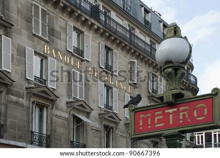 Bank and metro station in Paris, France