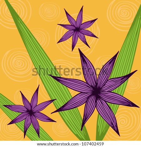 Vector illustration, purple flowers, yellow background, card concept.