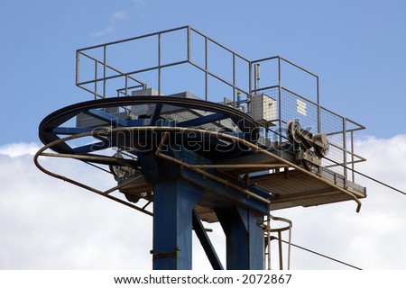 The winding gear powering the cablecar which runs over the top of the fairground - Pleasureland - in Southport, Merseyside.