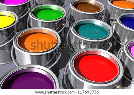 colorful inks in paint cans isolated on white. 3D image.