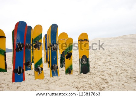 Sand boards on Joaquina beach in Florianopolis, Santa Catarina, Brazil.