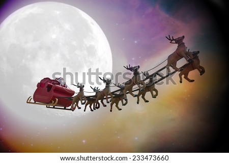 Santa Claus riding a sleigh led by reindeers on a colorful night with a full moon