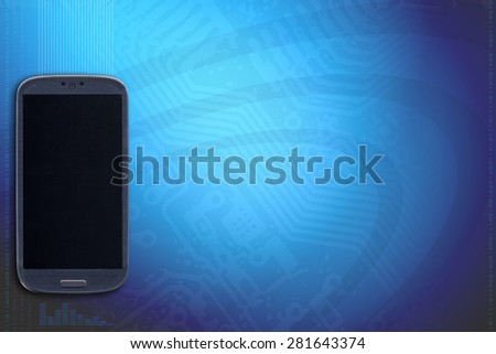 Smatrphone and blue technology background. Idea for telecommunication, digital detox, carriers, accessing apps, programming binary and codes, Internet, blogs and others.