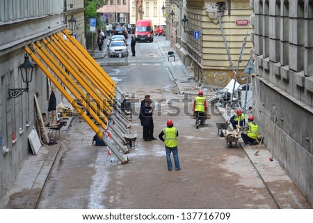 PRAGUE, CZECH REPUBLIC Ã¢Â?Â? MAY 4: Debris removal after gas explosion of April 29 on May 4, 2013 in the tourist-filled Old Town, Prague, Czech republic.