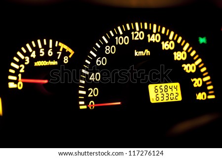 Close up of glow dashboard car speed meter