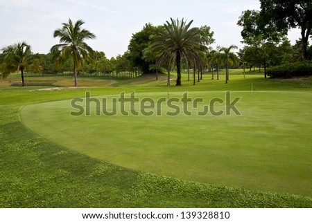 landscape of a green golf field with trees and a bright blue sky