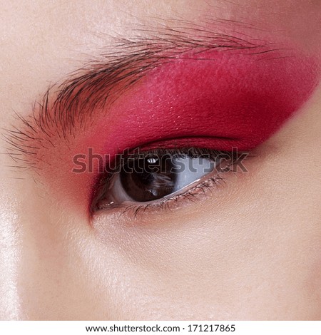 Elegance close-up of female eye red bright color eyeshadow. Macro shot of beautiful woman\'s face part. Wellness, cosmetics and make-up.