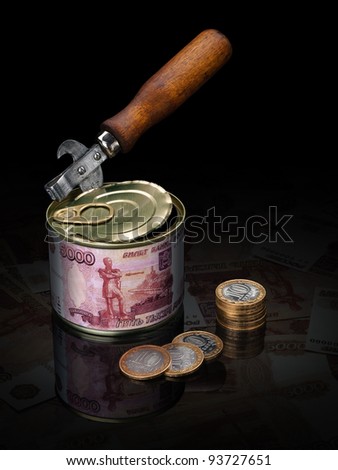 Can-opener and tin-box with the Russian money.