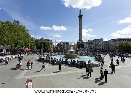 LONDON - MAY 25, 2014 - Trafalgar Square in London on a bright sunny day