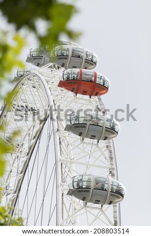 LONDON, UK - 29 JULY 2014 - London Eye. The famous attraction along the South Bank of London near the River Thames