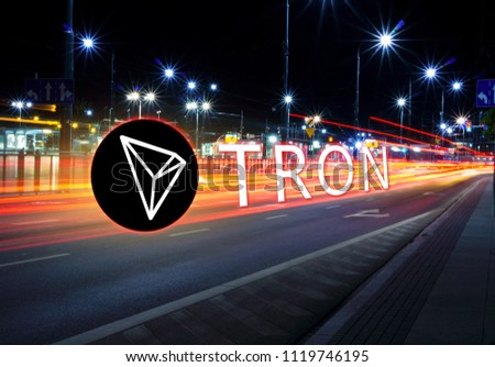 Concept of TRON coin moving fast  on the road, a Cryptocurrency blockchain platform , Digital money