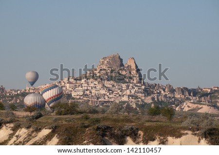 GOREME, TURKEY - APRIL, 30: Hot air balloon fly over Cappadocia, the best attraction for tourists, on April 30, 2013 in Cappadocia, Turkey.