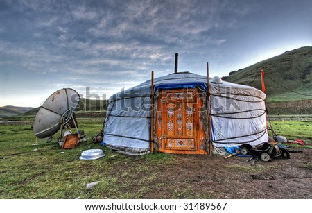 Mongolian dwelling on the green plain of grass