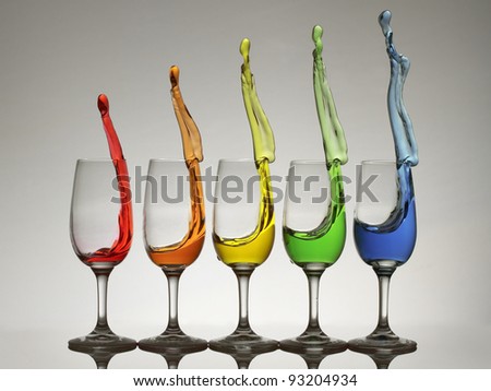 Cheers 5 times - wine glasses splash