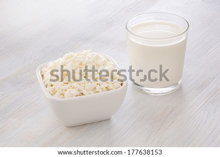 Breakfast of milk and cottage cheese on wooden table