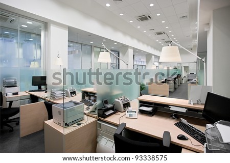 Empty Bank Office With Desks In Raw
