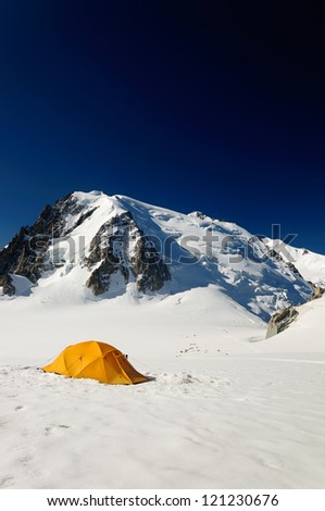 Touristic tent on big mountain in valey near Mont Blanc, France