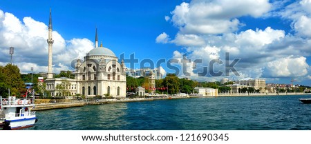 Bosphorus and Dolmabahce Mosque, Istanbul, Turkey.Sky with clouds