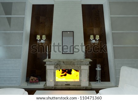 parlor or living-room with big fireplace and stones on wall