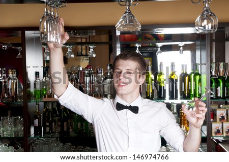 Young handsome bartender working  in front of the bar.